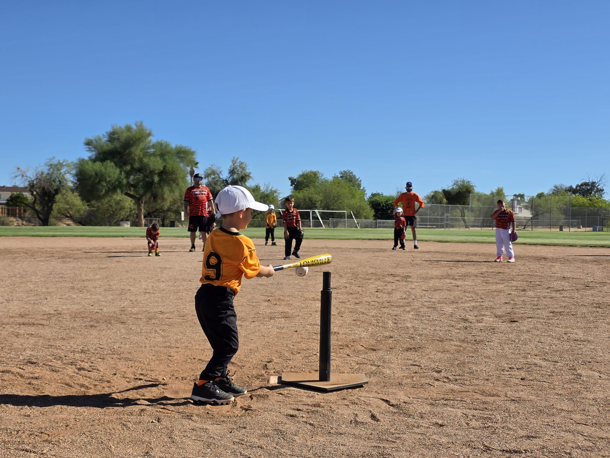 T-Ball player hitting off a tee.